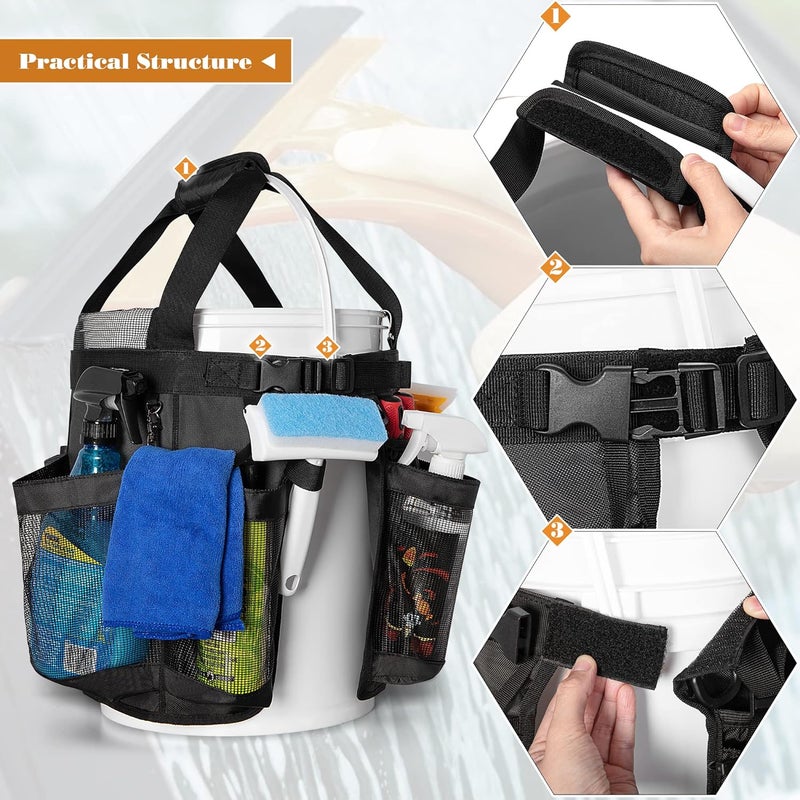 HODRANT 5 Gallon Bucket Organizer with Anti-fall Hooks & Buckle, Car Wash Bucket Caddy with Mesh Pockets, 5 Gallon Cleaning Tools Bag for Home, Auto, Garden & Fishing - Image 5